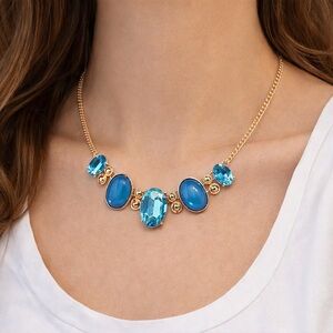 Simulated Apatite Blue Cabochon Chroma Goldtone Curb Necklace Statement